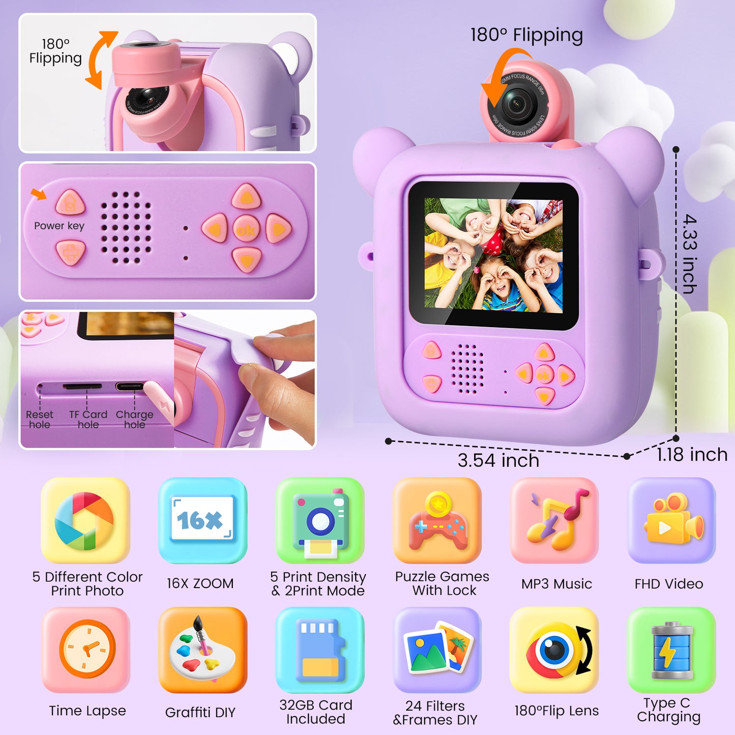 M2-B Purple Kids Camera Instant Print