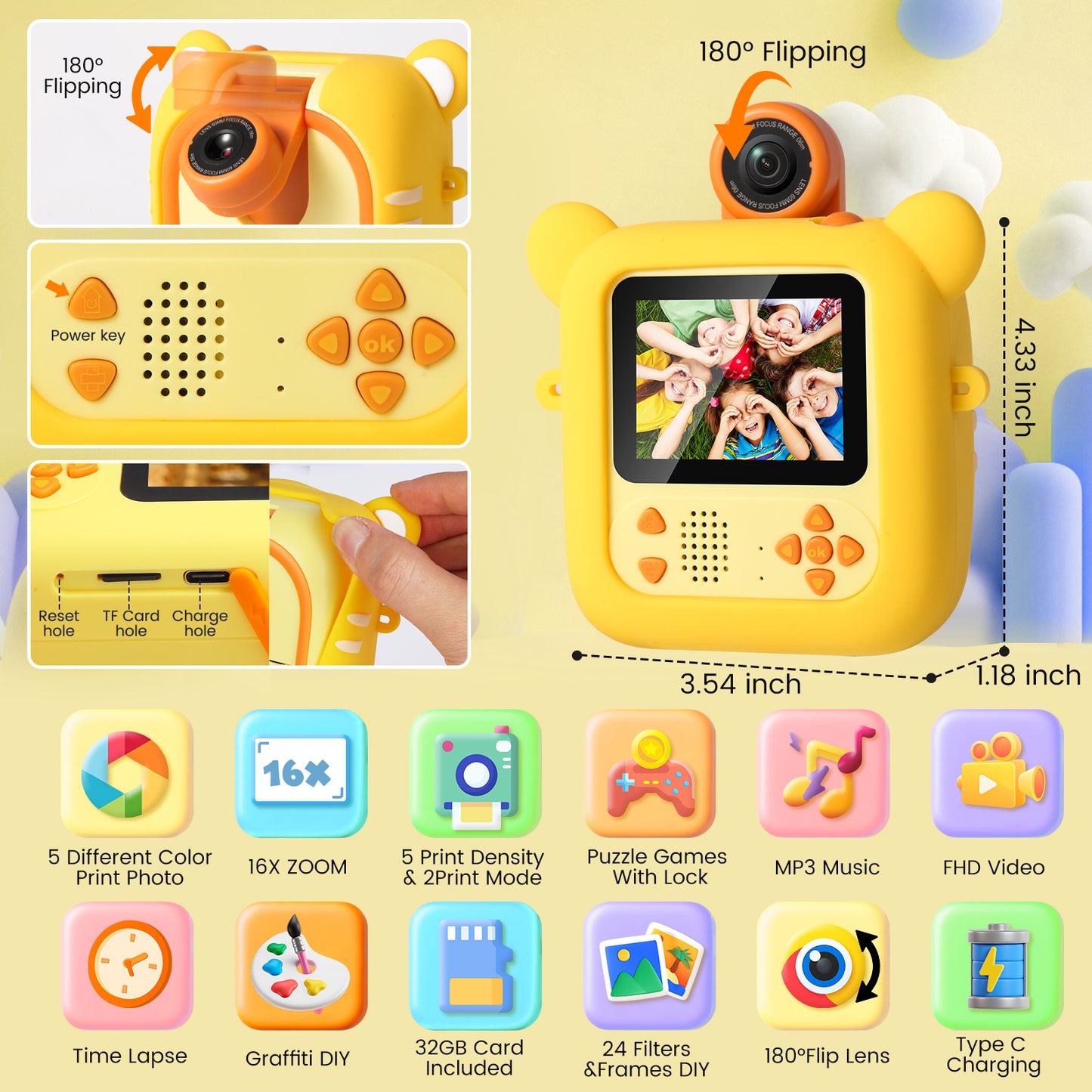 M2-C Yellow Kids Camera Instant Print