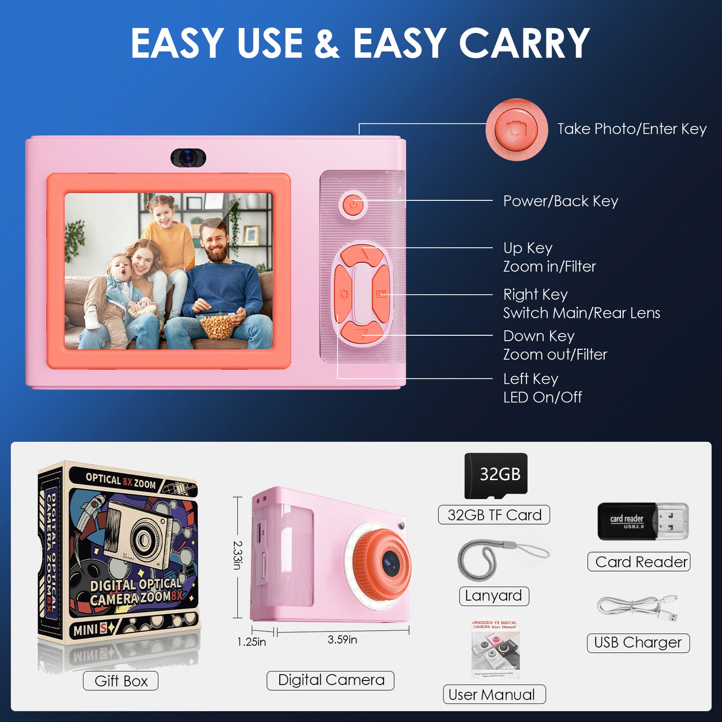 Y2-A Pink Digial Camera with LED Filling Light
