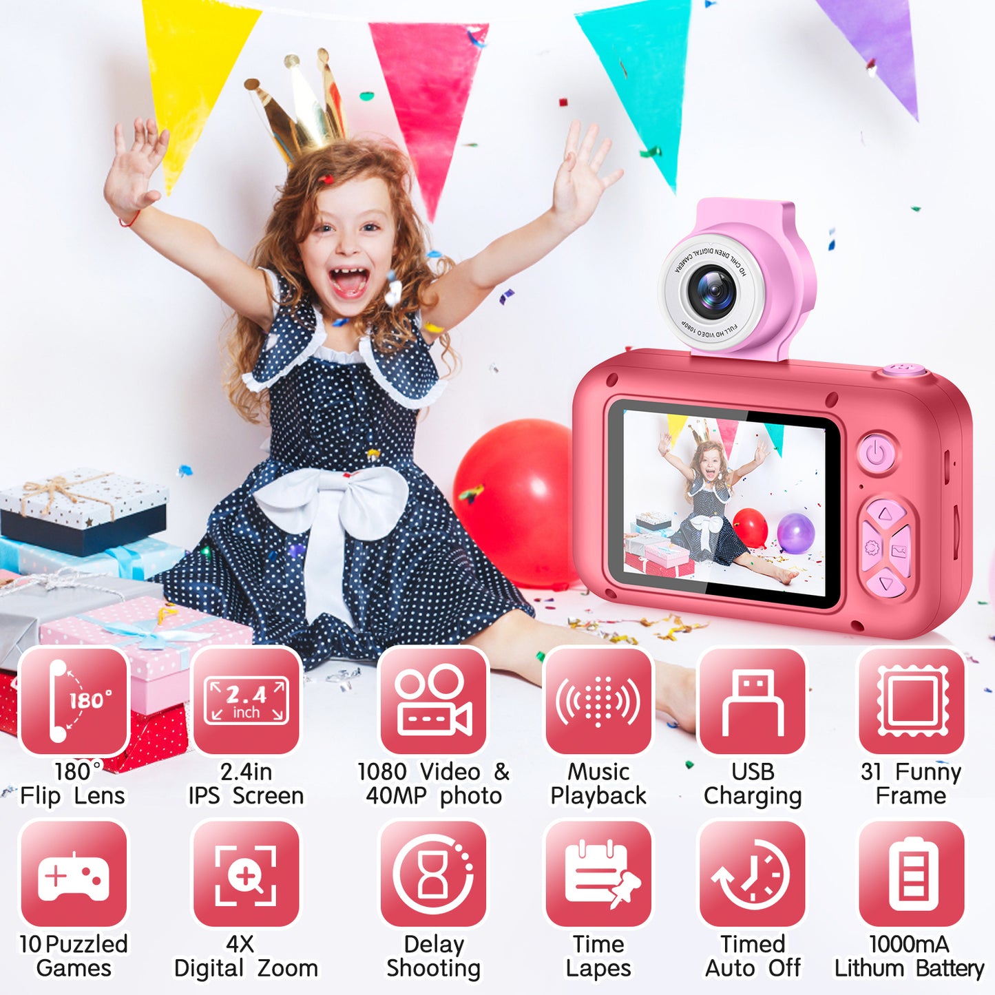 X101-E Rose Red Kids Camera