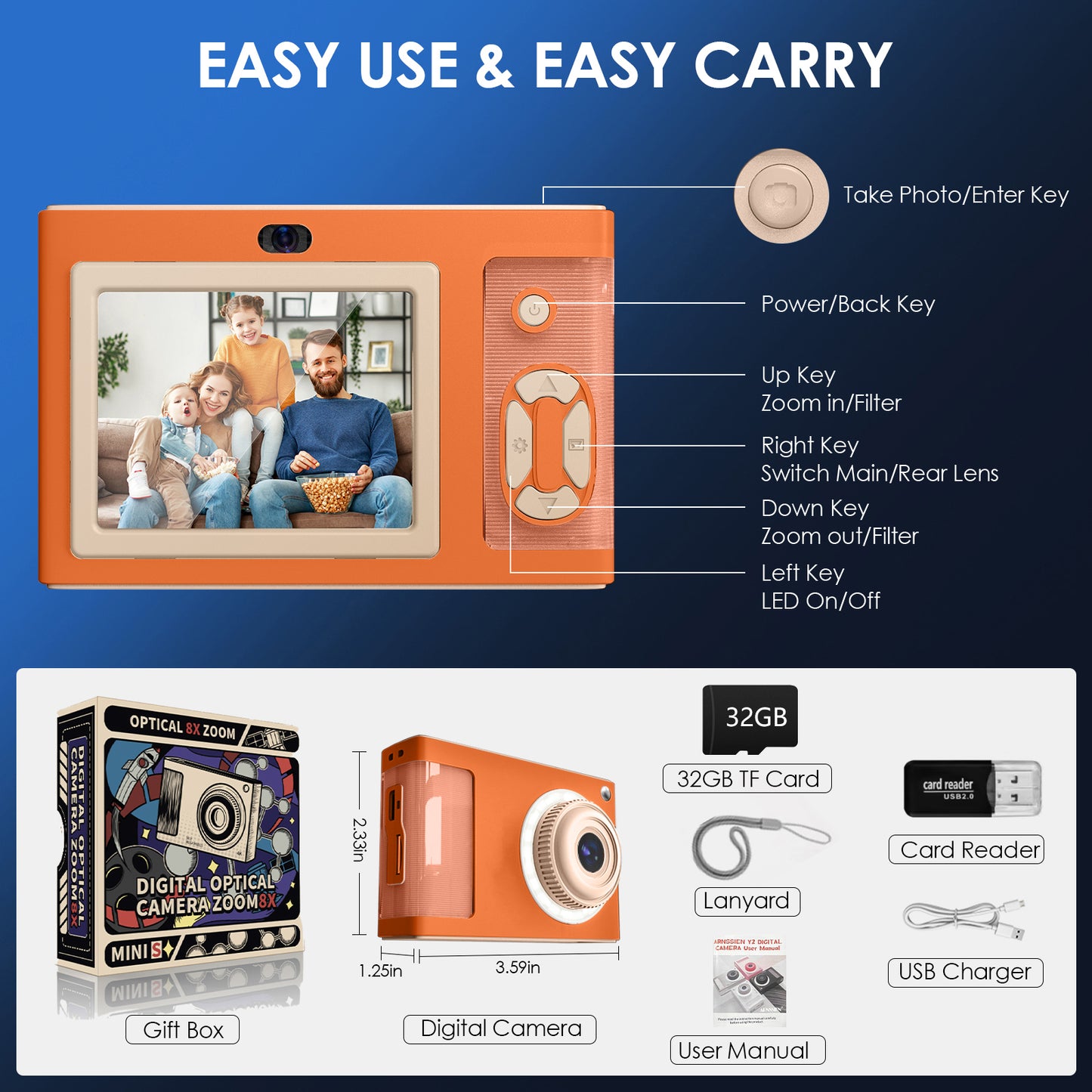 Y2-E Orange Digial Camera with LED Filling Light