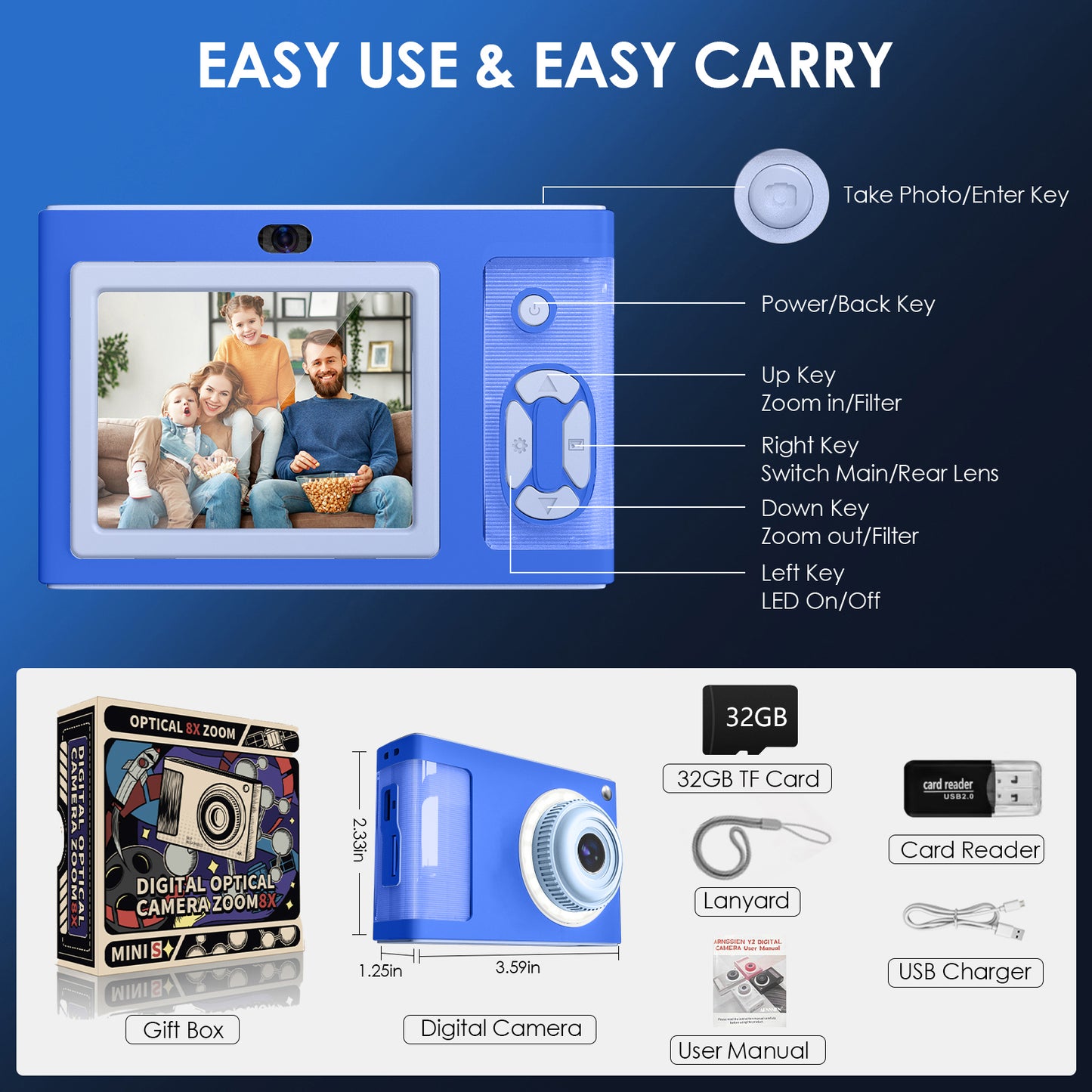 Y2-G Sapphire Blue Digial Camera with LED Filling Light