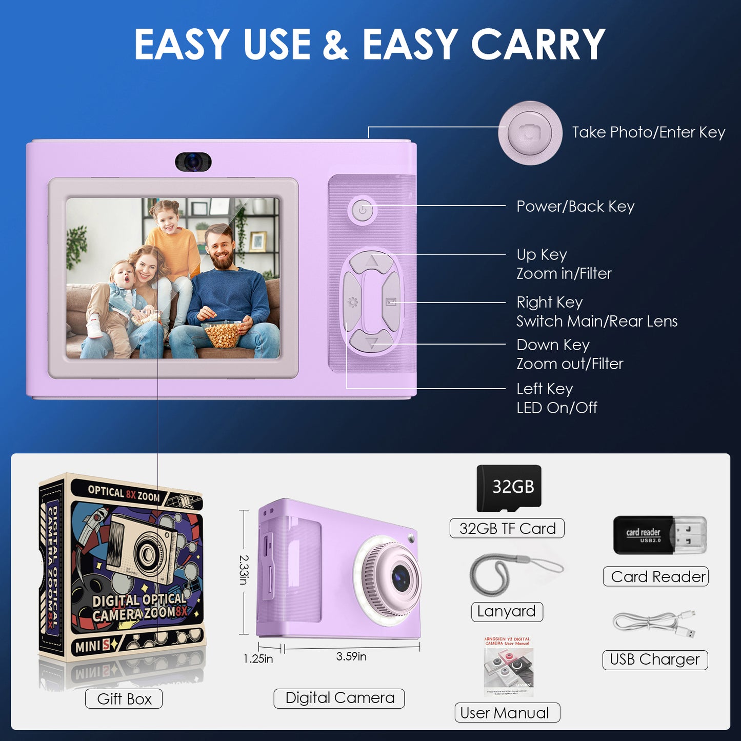 Y2-F Purple Digial Camera with LED Filling Light