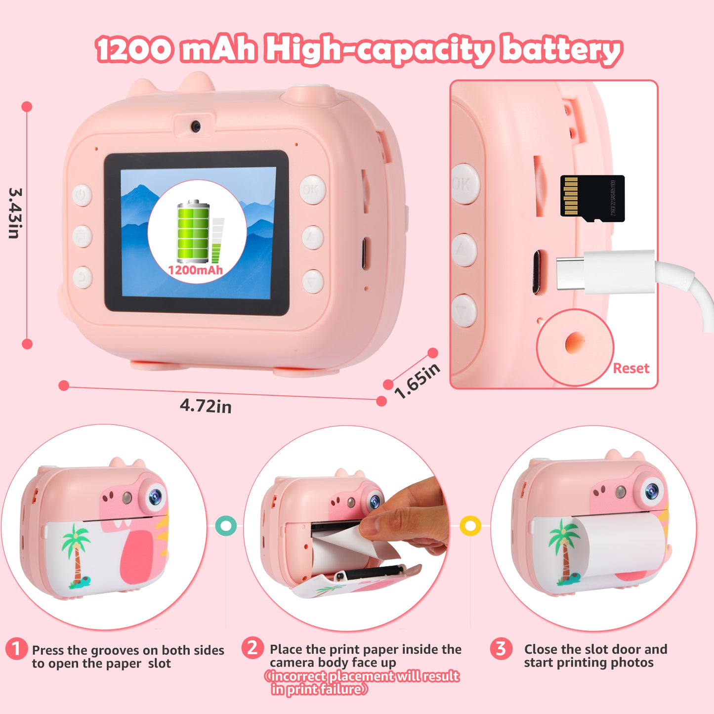 M3-C Pink Kids Camera Instant Print