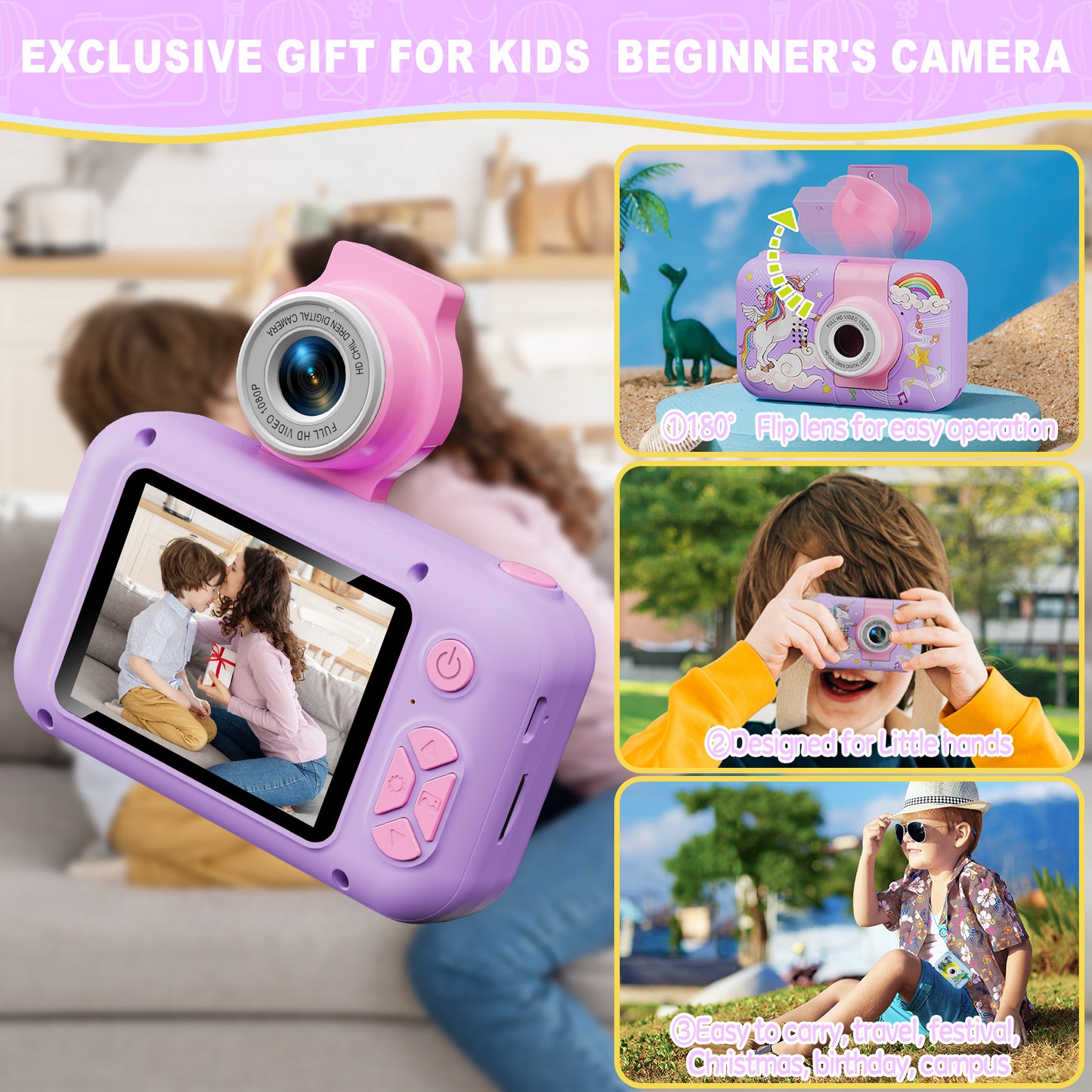 X101XCH-H Purple Unicorn Kids Camera