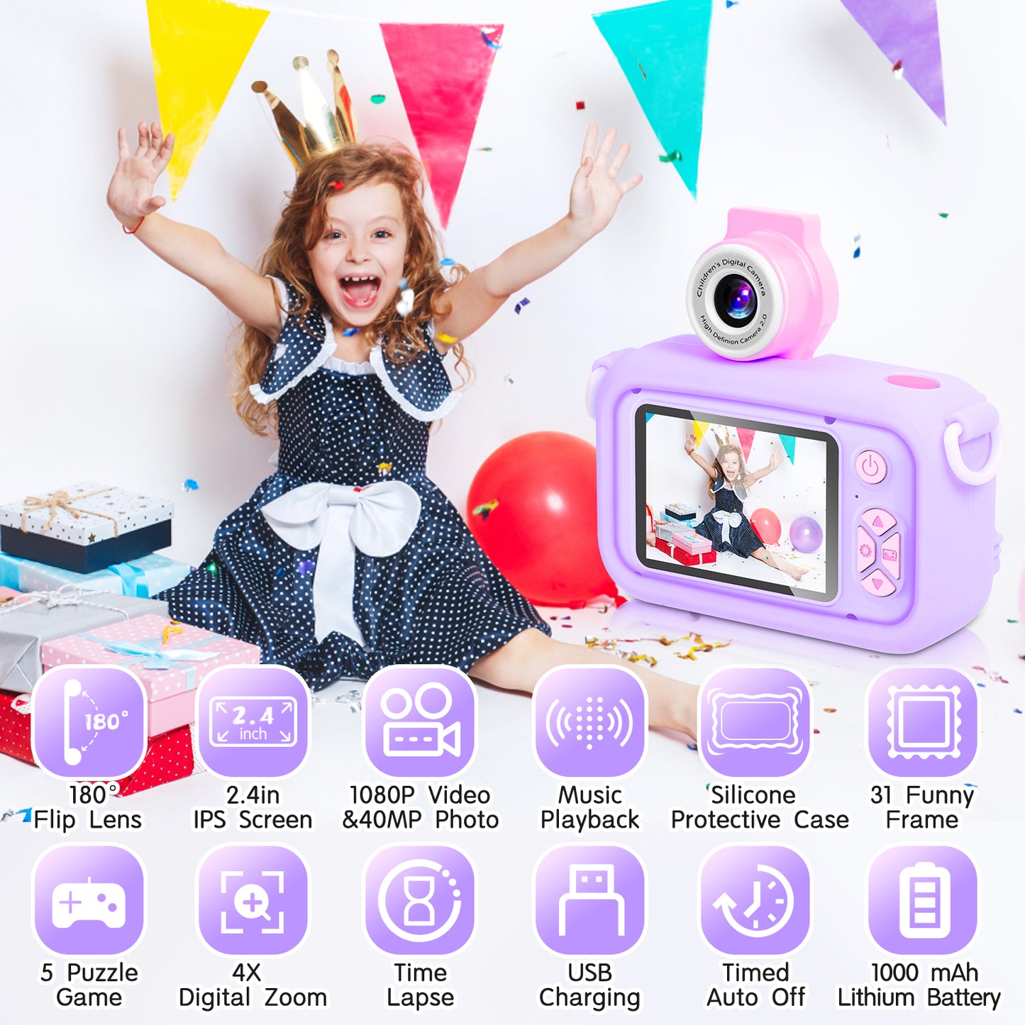 X101C-D Purple-Unicorn Kids Camera with Silicone Case